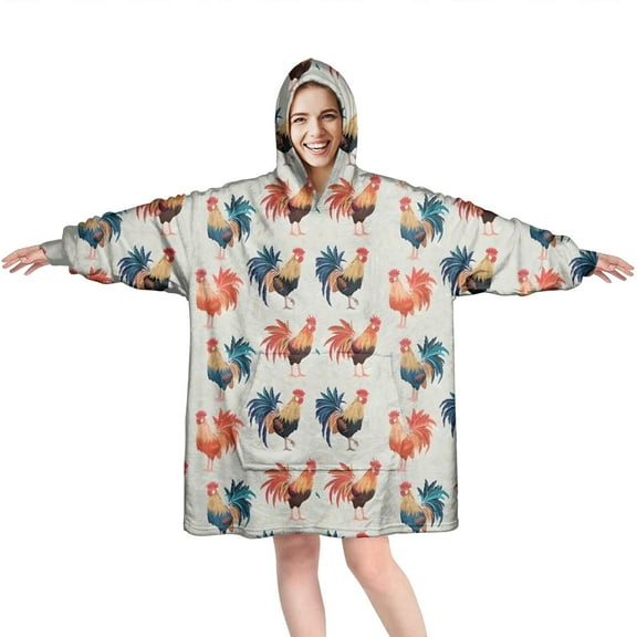 Wearable Oversized Blanket,Light Gray Chicken Rooster Pattern Wearable Blanket Hoodie for Adults,Cozy Hooded Blankets with Super Pockets,Super Warm Fuzzy Pullover for Women & Men