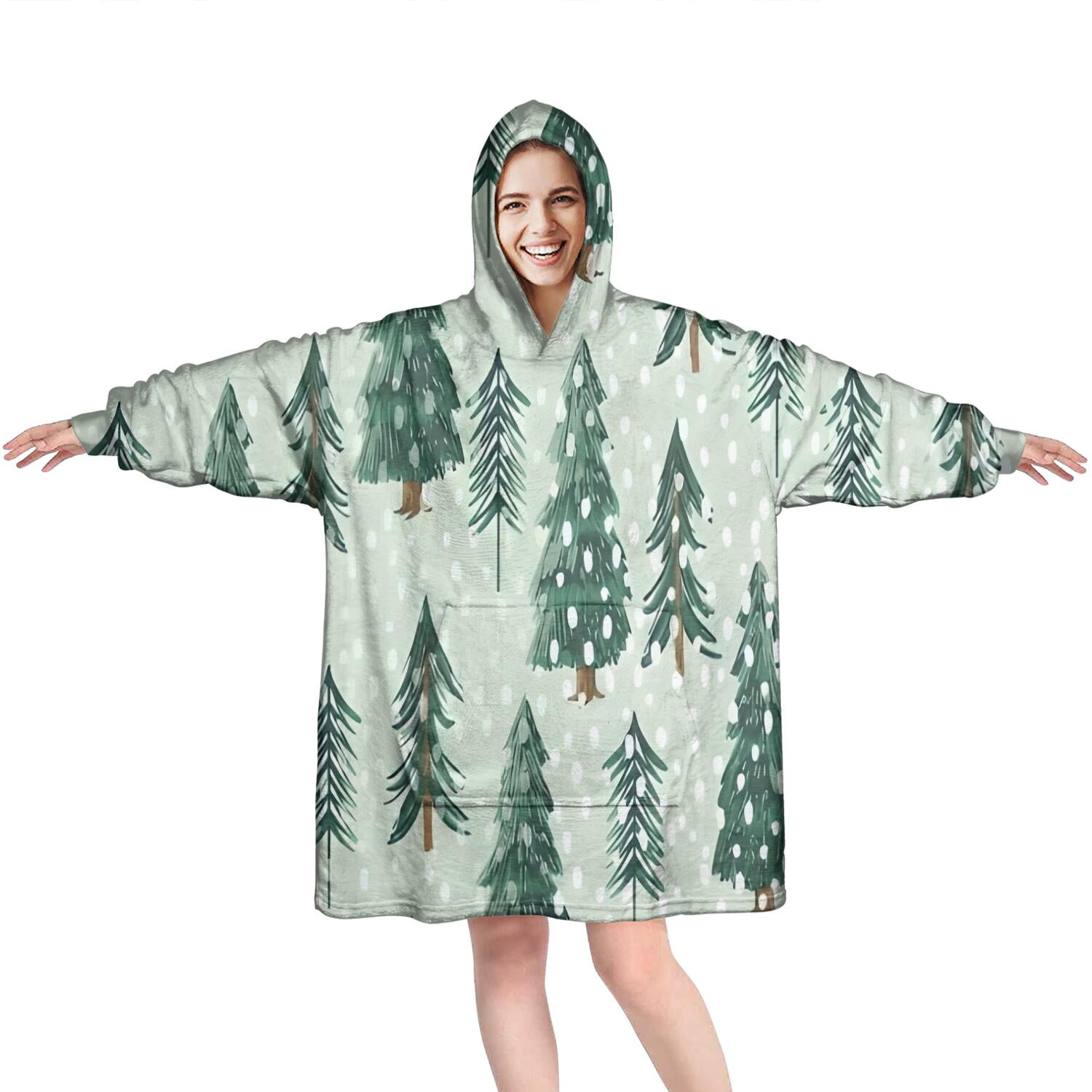 Wearable Oversized Blanket,Light Green Christmas Tree and Snow Pattern Wearable Blanket Hoodie for Adults,Cozy Hooded Blankets with Super Pockets,Super Warm Fuzzy Pullover for Women & Men
