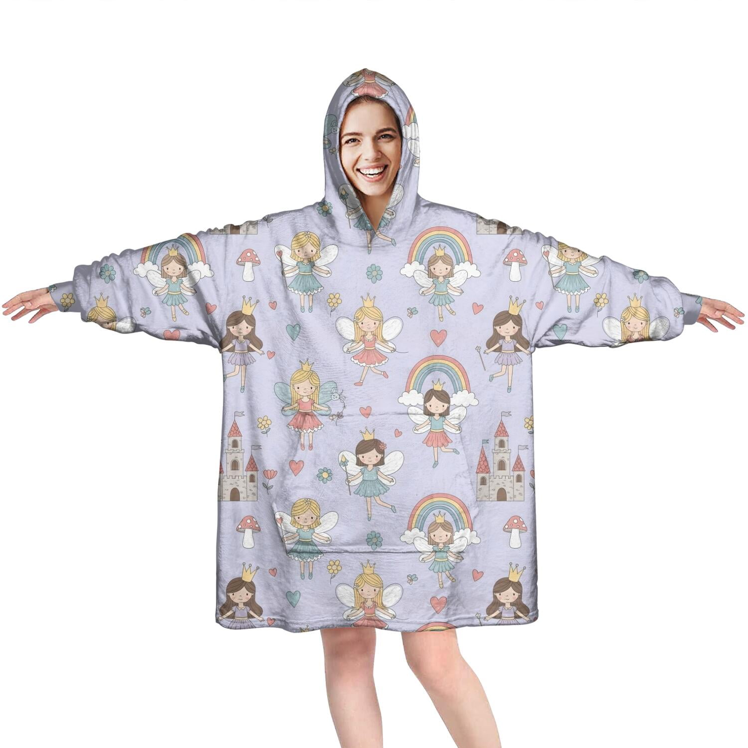 Wearable Oversized Blanket,Light Purple Fairy Princess Pattern Wearable Blanket Hoodie for Adults,Cozy Hooded Blankets with Super Pockets,Super Warm Fuzzy Pullover for Women & Men