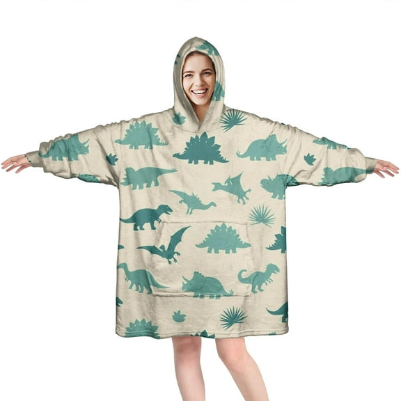 Wearable Oversized Blanket,LightBeige Cartoon Dinosaurs Silhouettes Pattern Wearable Blanket Hoodie for Adults,Cozy Hooded Blankets with Super Pockets,Super Warm Fuzzy Pullover for Women & Men