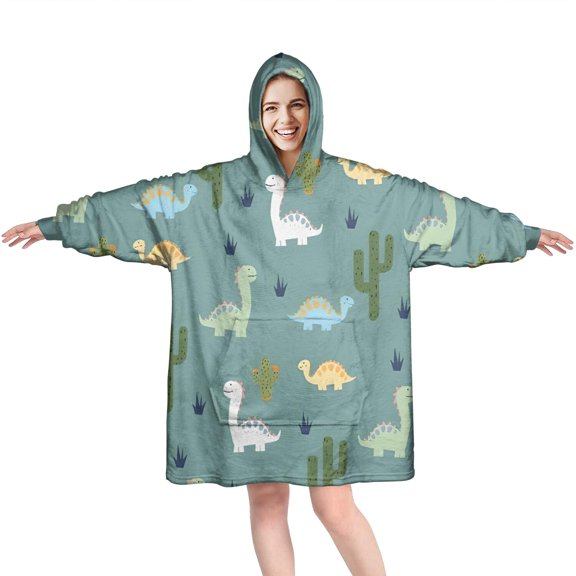 Wearable Oversized Blanket,LightBlue Cartoon Dinosaurs Cacti Pattern Wearable Blanket Hoodie for Adults,Cozy Hooded Blankets with Super Pockets,Super Warm Fuzzy Pullover for Women & Men