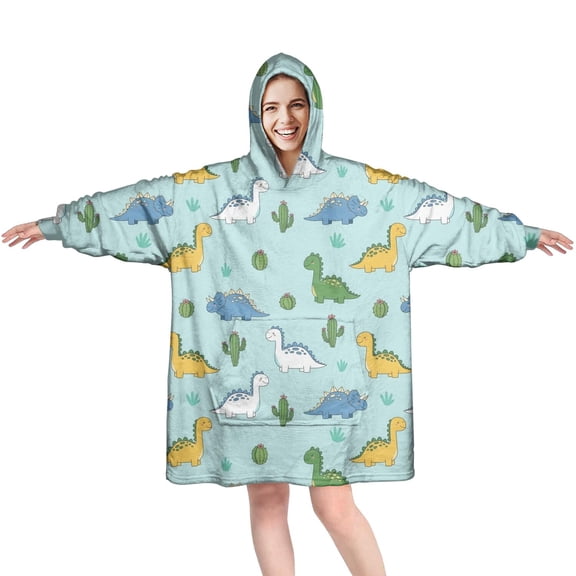 Wearable Oversized Blanket,LightBlue Cartoon Dinosaurs Cacti Pattern Wearable Blanket Hoodie for Adults,Cozy Hooded Blankets with Super Pockets,Super Warm Fuzzy Pullover for Women & Men
