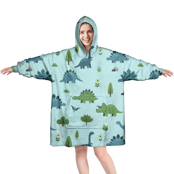 Wearable Oversized Blanket,LightBlue Cartoon Dinosaurs NatureElements Pattern Wearable Blanket Hoodie for Adults,Cozy Hooded Blankets with Super Pockets,Super Warm Fuzzy Pullover for Women & Men