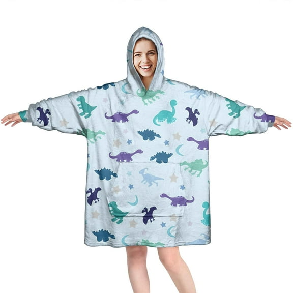 Wearable Oversized Blanket,LightBlue Dinosaurs Stars Moons Pattern Wearable Blanket Hoodie for Adults,Cozy Hooded Blankets with Super Pockets,Super Warm Fuzzy Pullover for Women & Men