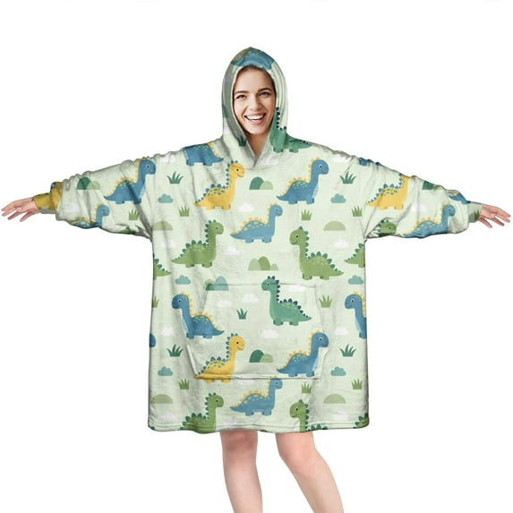 Wearable Oversized Blanket,LightGreen Cartoon Dinosaurs Clouds Pattern Wearable Blanket Hoodie for Adults,Cozy Hooded Blankets with Super Pockets,Super Warm Fuzzy Pullover for Women & Men