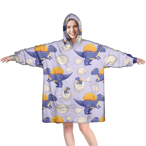 Wearable Oversized Blanket,LightPurple Cartoon Dinosaurs Eggs Pattern Wearable Blanket Hoodie for Adults,Cozy Hooded Blankets with Super Pockets,Super Warm Fuzzy Pullover for Women & Men