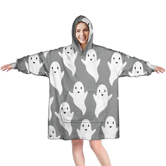Wearable Oversized Blanket,Minimalist Halloween Ghosts Pattern Wearable Blanket Hoodie for Adults,Cozy Hooded Blankets with Super Pockets,Super Warm Fuzzy Pullover for Women & Men
