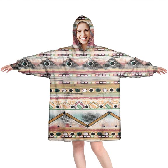 Wearable Oversized Blanket,Mixed Ethnic Pattern Wearable Blanket Hoodie for Adults,Cozy Hooded Blankets with Super Pockets,Super Warm Fuzzy Pullover for Women & Men