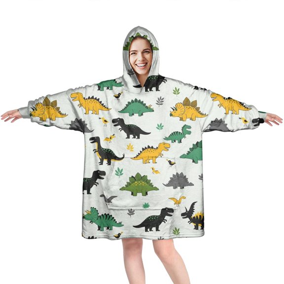 Wearable Oversized Blanket,Multi Colored Dinosaur Assortment Pattern Wearable Blanket Hoodie for Adults,Cozy Hooded Blankets with Super Pockets,Super Warm Fuzzy Pullover for Women & Men