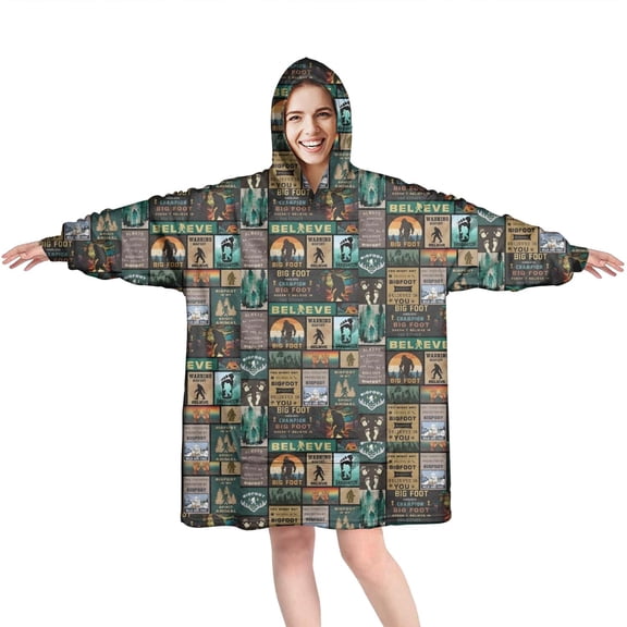 Wearable Oversized Blanket,Multicolor Bigfoot and Text Pattern Wearable Blanket Hoodie for Adults,Cozy Hooded Blankets with Super Pockets,Super Warm Fuzzy Pullover for Women & Men