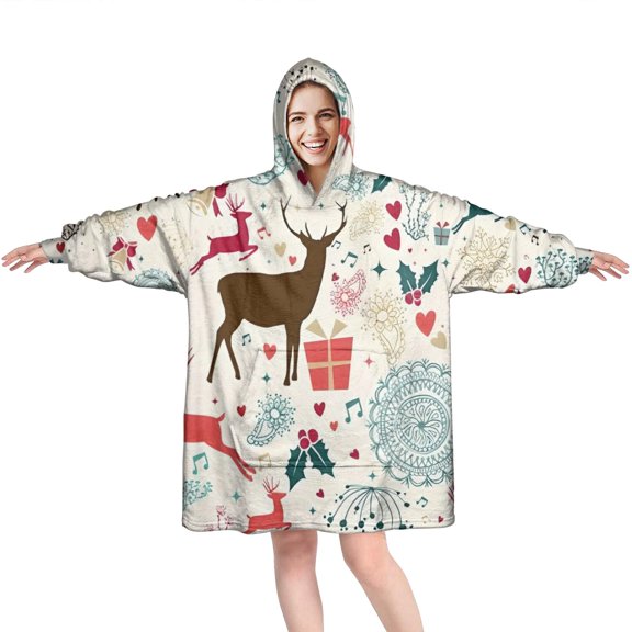 Wearable Oversized Blanket,Multicolor Christmas Deer Pattern Wearable Blanket Hoodie for Adults,Cozy Hooded Blankets with Super Pockets,Super Warm Fuzzy Pullover for Women & Men