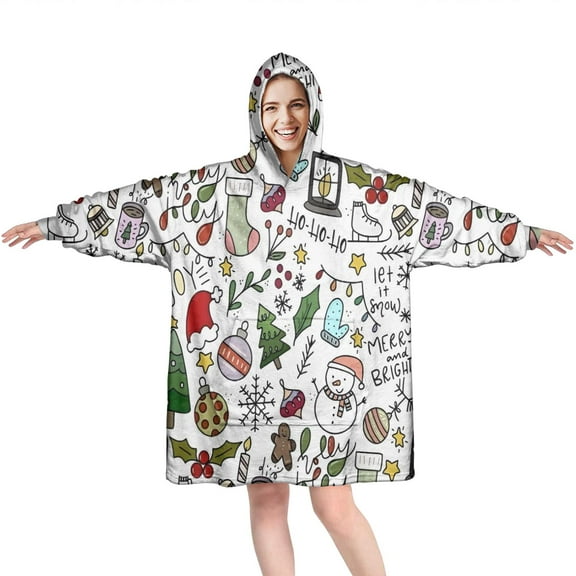 Wearable Oversized Blanket,Multicolor Christmas Pattern Wearable Blanket Hoodie for Adults,Cozy Hooded Blankets with Super Pockets,Super Warm Fuzzy Pullover for Women & Men