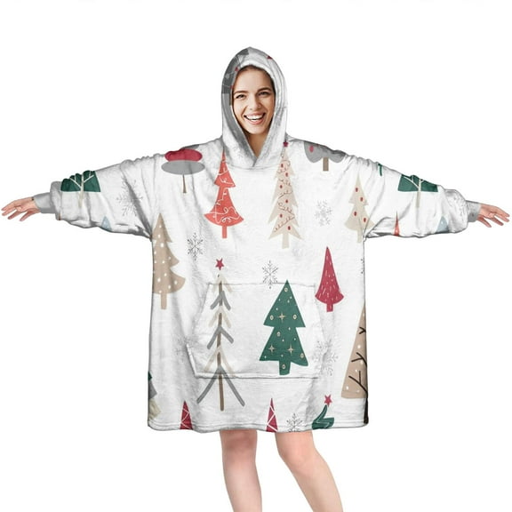 Wearable Oversized Blanket,Multicolor Christmas Tree Pattern Wearable Blanket Hoodie for Adults,Cozy Hooded Blankets with Super Pockets,Super Warm Fuzzy Pullover for Women & Men