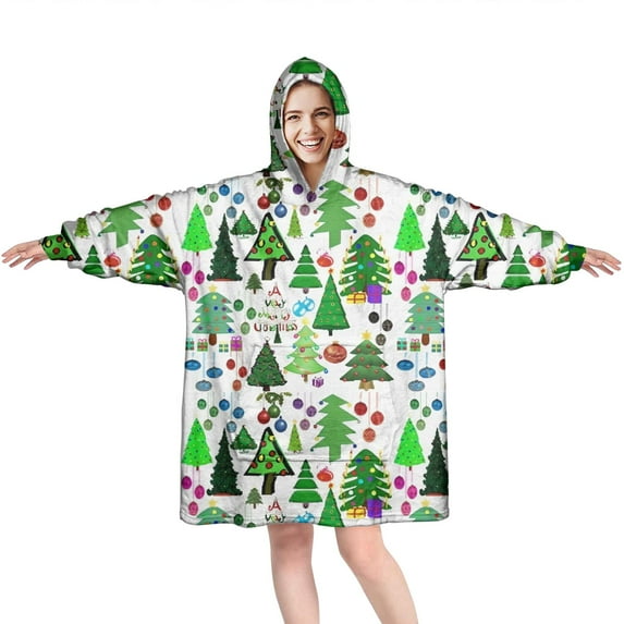 Wearable Oversized Blanket,Multicolor Christmas Tree Pattern Wearable Blanket Hoodie for Adults,Cozy Hooded Blankets with Super Pockets,Super Warm Fuzzy Pullover for Women & Men