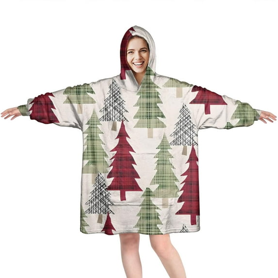 Wearable Oversized Blanket,Multicolor Christmas Tree Pattern Wearable Blanket Hoodie for Adults,Cozy Hooded Blankets with Super Pockets,Super Warm Fuzzy Pullover for Women & Men