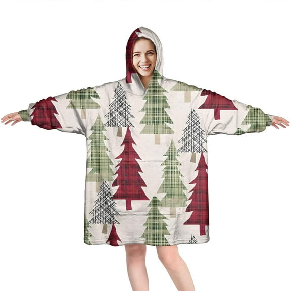 Wearable Oversized Blanket,Multicolor Christmas Tree Pattern Wearable Blanket Hoodie for Adults,Cozy Hooded Blankets with Super Pockets,Super Warm Fuzzy Pullover for Women & Men