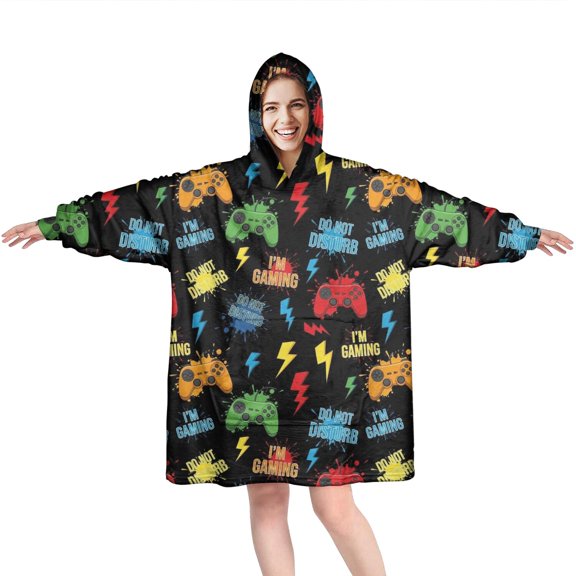 Wearable Oversized Blanket,Multicolor Controllers Games Icons Black Pattern Wearable Blanket Hoodie for Adults,Cozy Hooded Blankets with Super Pockets,Super Warm Fuzzy Pullover for Women & Men