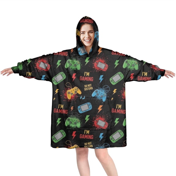 Wearable Oversized Blanket,Multicolor Controllers Games Icons Black Pattern Wearable Blanket Hoodie for Adults,Cozy Hooded Blankets with Super Pockets,Super Warm Fuzzy Pullover for Women & Men