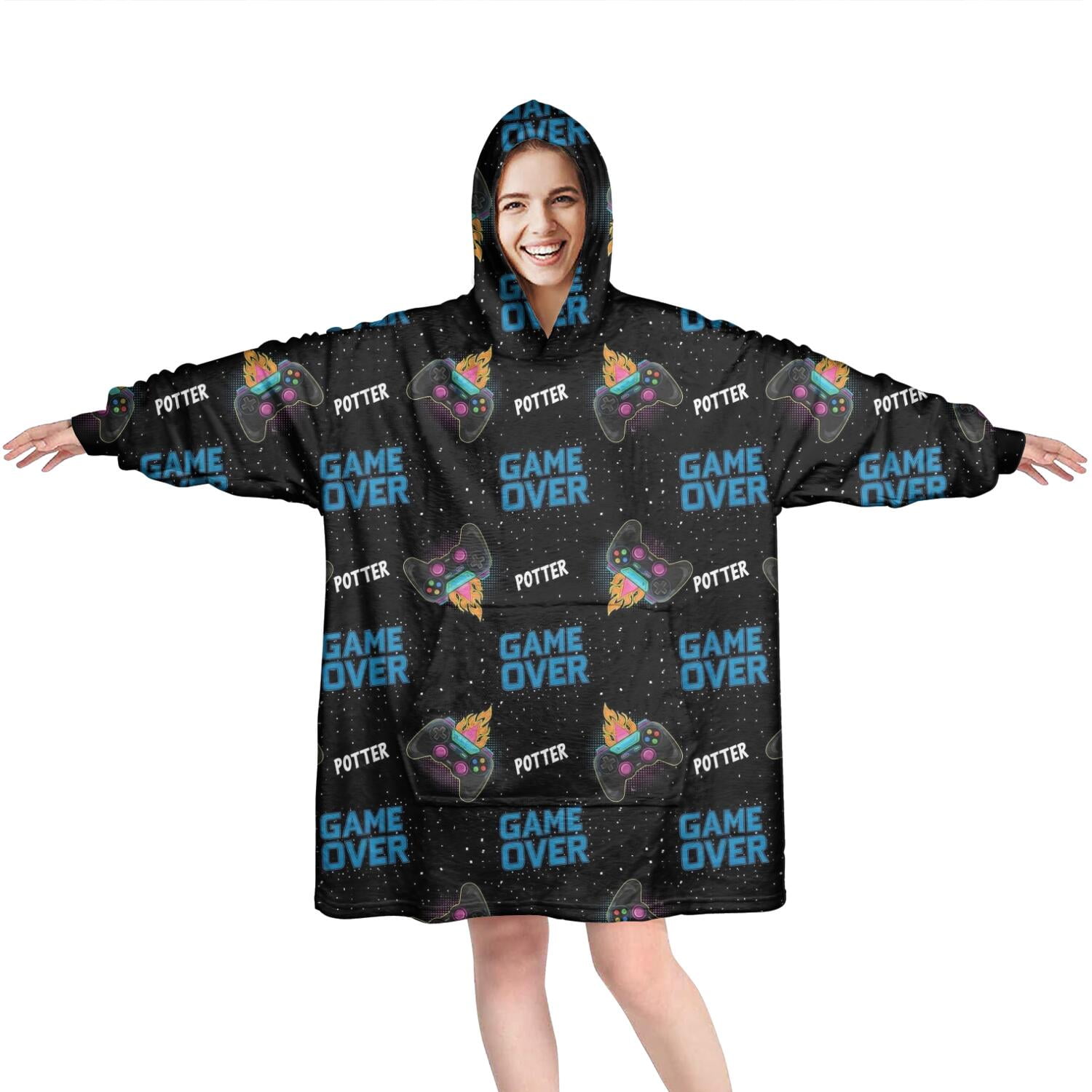 Wearable Oversized Blanket,Multicolor Controllers Games Icons Black Pattern Wearable Blanket Hoodie for Adults,Cozy Hooded Blankets with Super Pockets,Super Warm Fuzzy Pullover for Women & Men