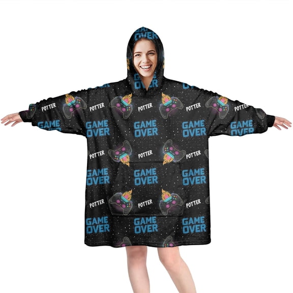 Wearable Oversized Blanket,Multicolor Controllers Games Icons Black Pattern Wearable Blanket Hoodie for Adults,Cozy Hooded Blankets with Super Pockets,Super Warm Fuzzy Pullover for Women & Men