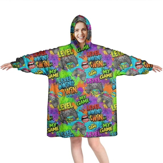Wearable Oversized Blanket,Multicolor Controllers Games Icons Colorful Pattern Wearable Blanket Hoodie for Adults,Cozy Hooded Blankets with Super Pockets,Super Warm Fuzzy Pullover for Women & Men