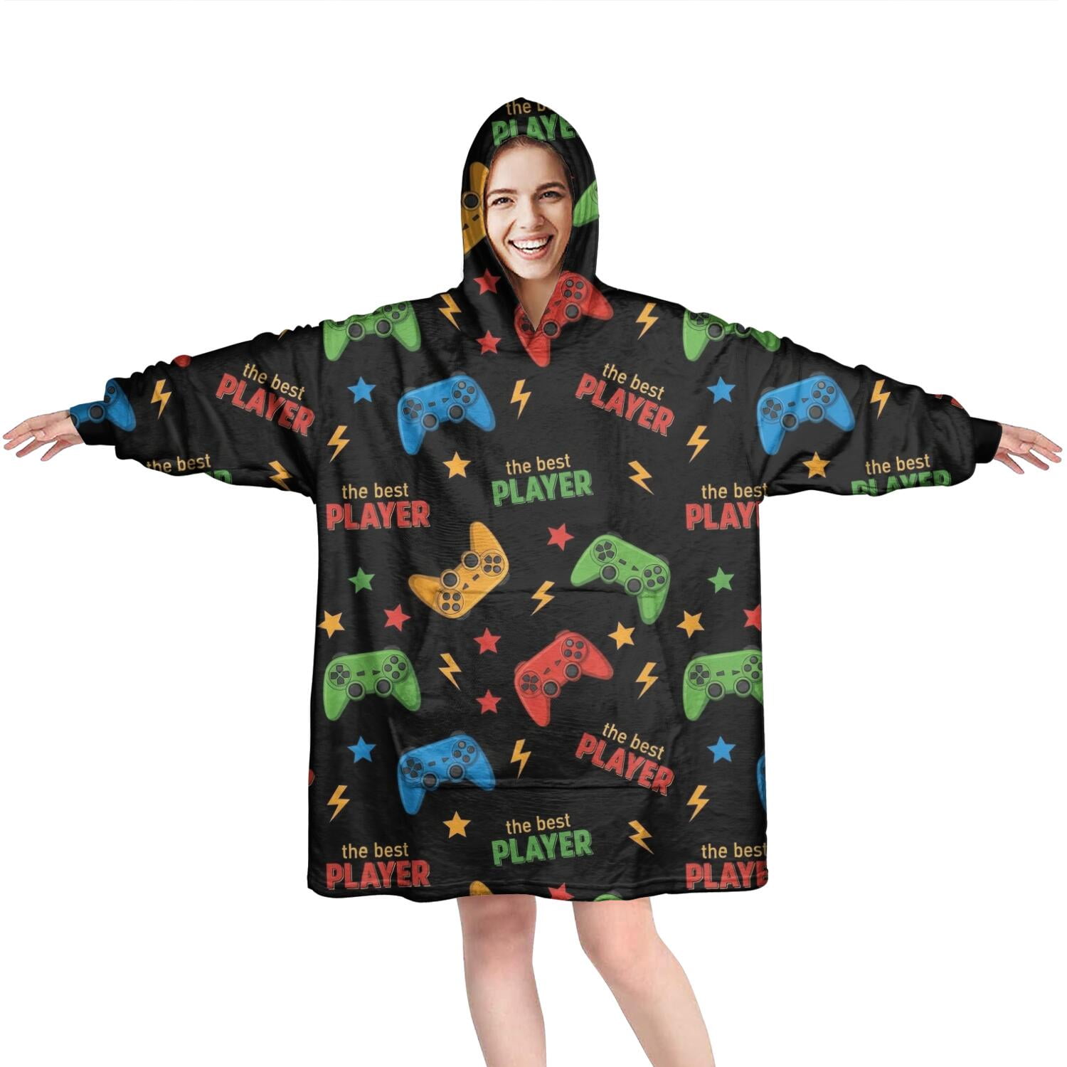 Wearable Oversized Blanket,Multicolor Controllers Games Text Black Pattern Wearable Blanket Hoodie for Adults,Cozy Hooded Blankets with Super Pockets,Super Warm Fuzzy Pullover for Women & Men