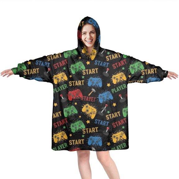 Wearable Oversized Blanket,Multicolor Controllers Games Text Black Pattern Wearable Blanket Hoodie for Adults,Cozy Hooded Blankets with Super Pockets,Super Warm Fuzzy Pullover for Women & Men