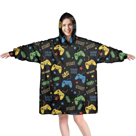 Wearable Oversized Blanket,Multicolor Controllers Games Text Black Pattern Wearable Blanket Hoodie for Adults,Cozy Hooded Blankets with Super Pockets,Super Warm Fuzzy Pullover for Women & Men