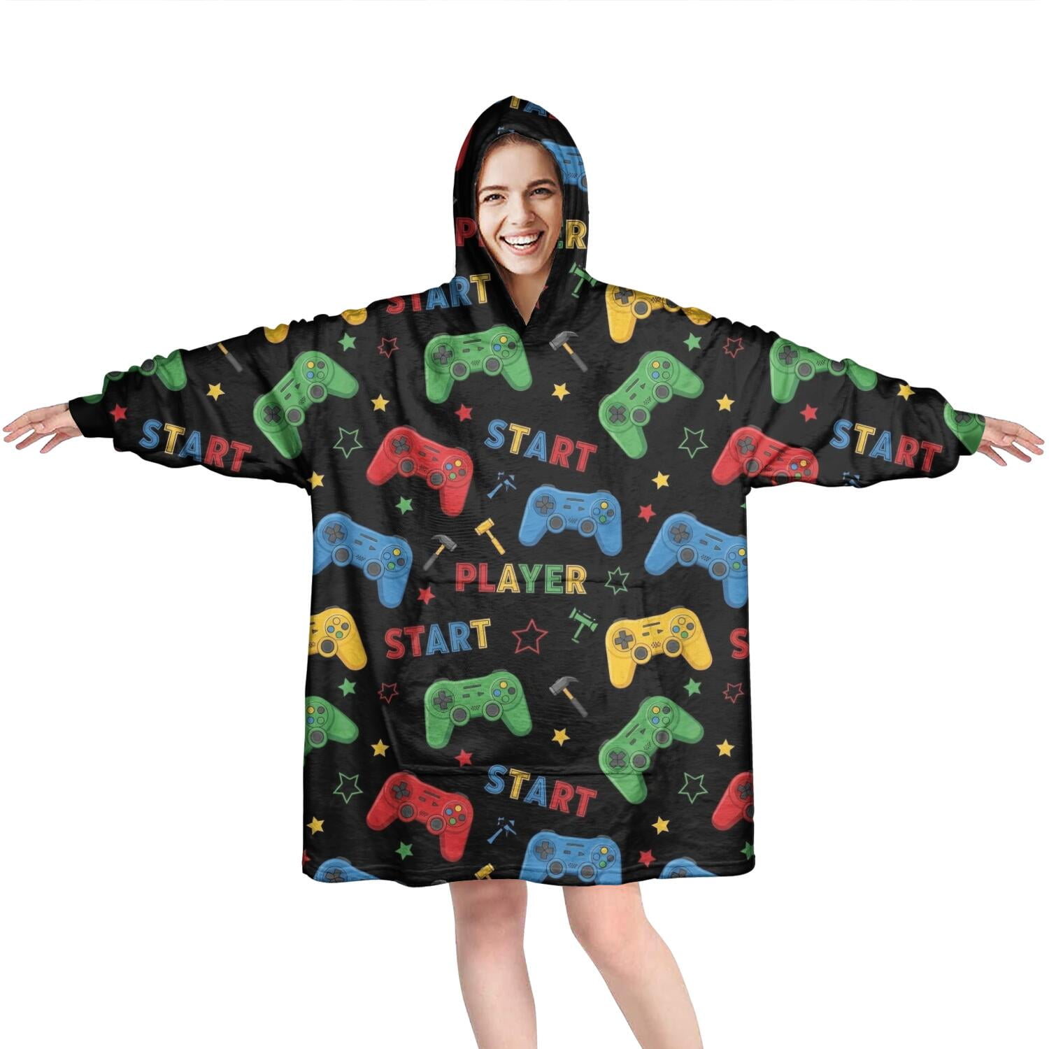 Wearable Oversized Blanket,Multicolor Controllers Games Text Black Pattern Wearable Blanket Hoodie for Adults,Cozy Hooded Blankets with Super Pockets,Super Warm Fuzzy Pullover for Women & Men