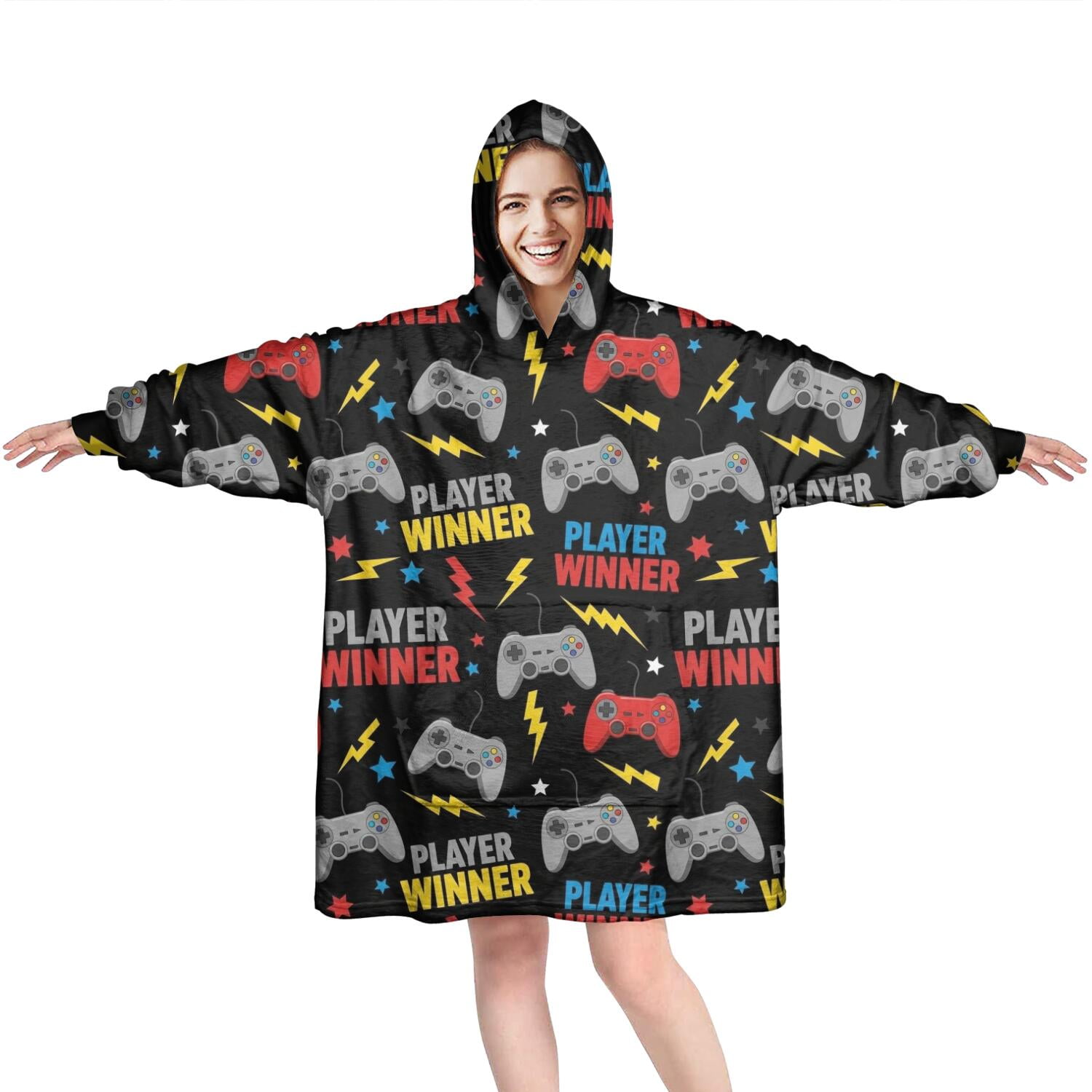 Wearable Oversized Blanket,Multicolor Controllers Games Text Black Pattern Wearable Blanket Hoodie for Adults,Cozy Hooded Blankets with Super Pockets,Super Warm Fuzzy Pullover for Women & Men