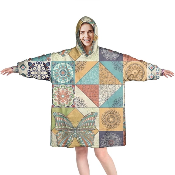 Wearable Oversized Blanket,Multicolor Ethnic Floral and Butterfly Pattern Wearable Blanket Hoodie for Adults,Cozy Hooded Blankets with Super Pockets,Super Warm Fuzzy Pullover for Women & Men