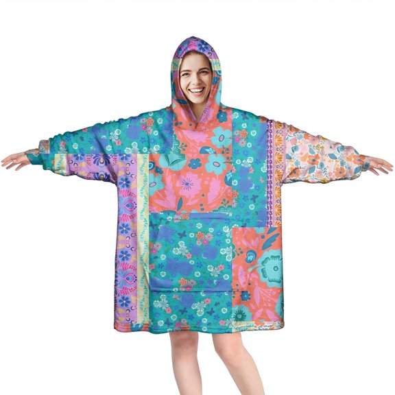 Wearable Oversized Blanket,Multicolor Ethnic Flower Patchwork Pattern Wearable Blanket Hoodie for Adults,Cozy Hooded Blankets with Super Pockets,Super Warm Fuzzy Pullover for Women & Men