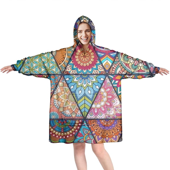 Wearable Oversized Blanket,Multicolor Ethnic Geometric Pattern Wearable Blanket Hoodie for Adults,Cozy Hooded Blankets with Super Pockets,Super Warm Fuzzy Pullover for Women & Men