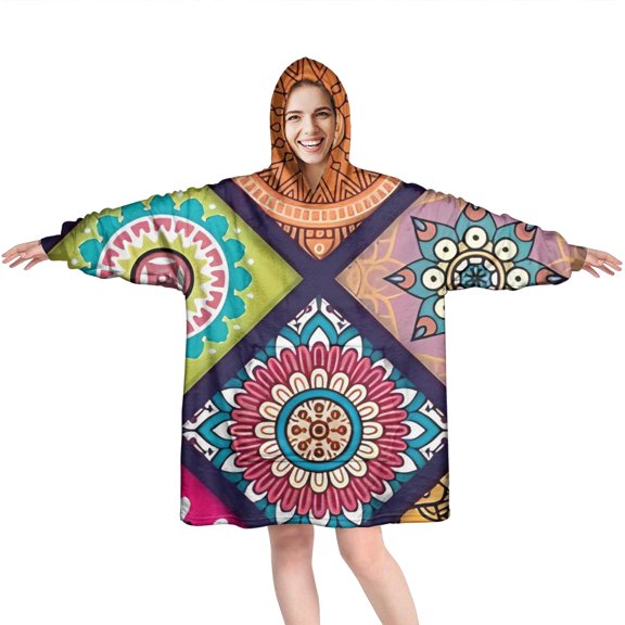 Wearable Oversized Blanket,Multicolor Ethnic Mandala Pattern Wearable Blanket Hoodie for Adults,Cozy Hooded Blankets with Super Pockets,Super Warm Fuzzy Pullover for Women & Men