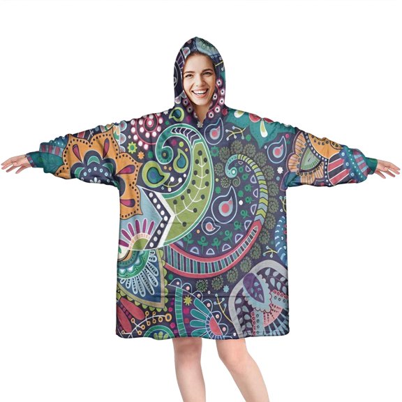Wearable Oversized Blanket,Multicolor Ethnic Paisley and Floral Pattern Wearable Blanket Hoodie for Adults,Cozy Hooded Blankets with Super Pockets,Super Warm Fuzzy Pullover for Women & Men