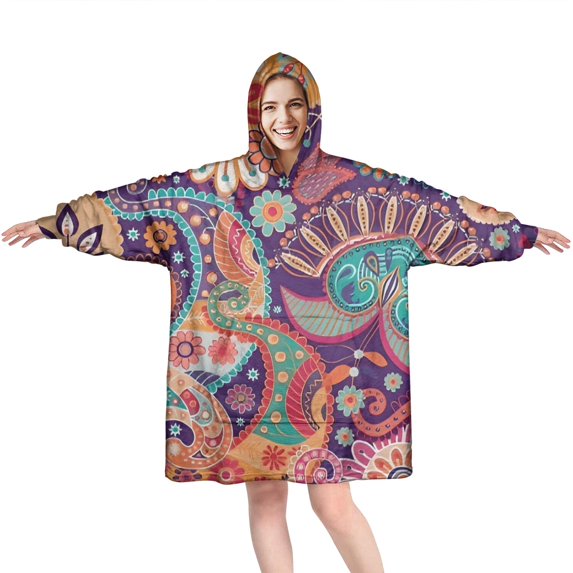 Wearable Oversized Blanket,Multicolor Paisley and Floral Pattern Wearable Blanket Hoodie for Adults,Cozy Hooded Blankets with Super Pockets,Super Warm Fuzzy Pullover for Women & Men