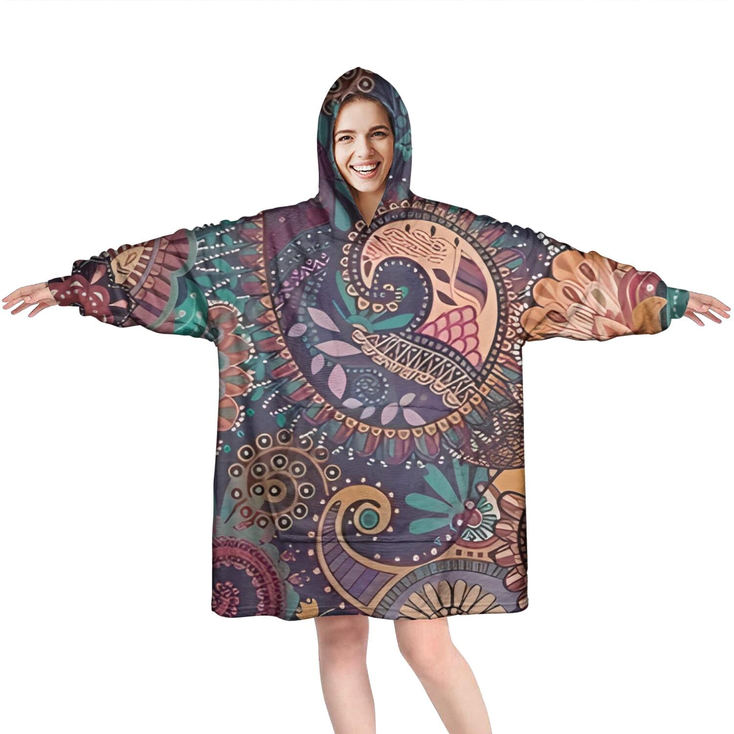 Wearable Oversized Blanket,Multicolor Paisley Pattern Wearable Blanket Hoodie for Adults,Cozy Hooded Blankets with Super Pockets,Super Warm Fuzzy Pullover for Women & Men