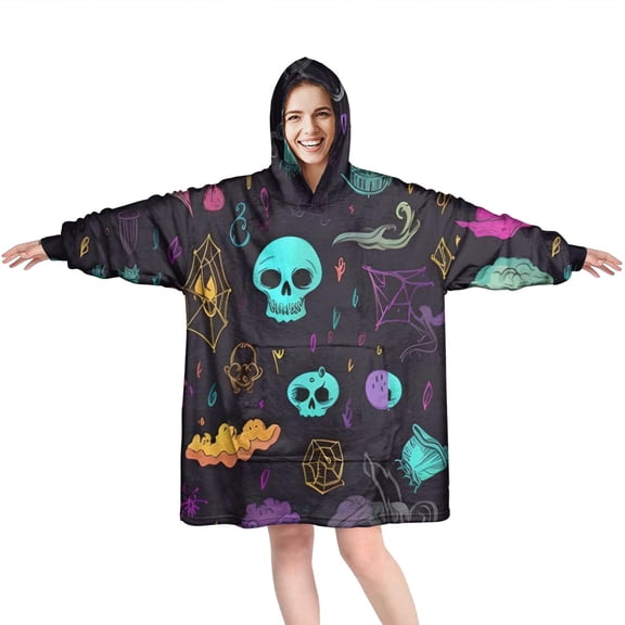 Wearable Oversized Blanket,Mystical Halloween Pattern Wearable Blanket Hoodie for Adults,Cozy Hooded Blankets with Super Pockets,Super Warm Fuzzy Pullover for Women & Men