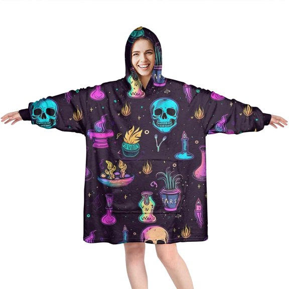 Wearable Oversized Blanket,Mystical Halloween Pattern Wearable Blanket Hoodie for Adults,Cozy Hooded Blankets with Super Pockets,Super Warm Fuzzy Pullover for Women & Men