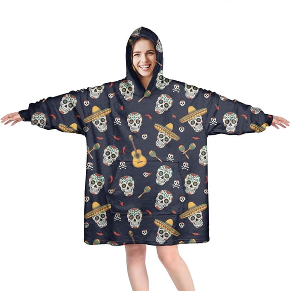 Wearable Oversized Blanket,Navy Mexican Skull Pattern Wearable Blanket Hoodie for Adults,Cozy Hooded Blankets with Super Pockets,Super Warm Fuzzy Pullover for Women & Men