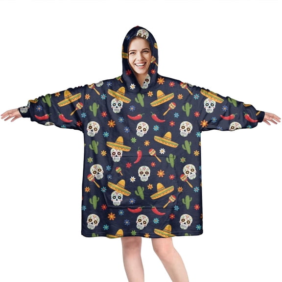 Wearable Oversized Blanket,Navy Mexican Skull Pattern Wearable Blanket Hoodie for Adults,Cozy Hooded Blankets with Super Pockets,Super Warm Fuzzy Pullover for Women & Men