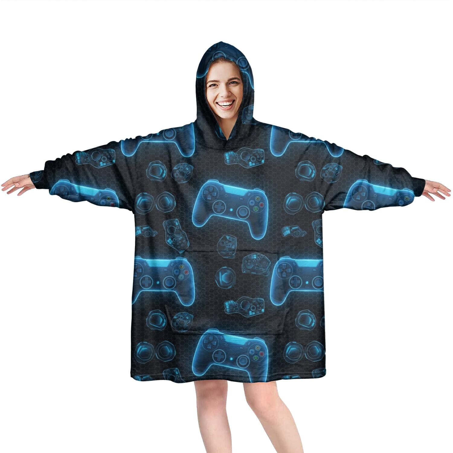 Wearable Oversized Blanket,Neon Controllers Games Icons Black Pattern Wearable Blanket Hoodie for Adults,Cozy Hooded Blankets with Super Pockets,Super Warm Fuzzy Pullover for Women & Men