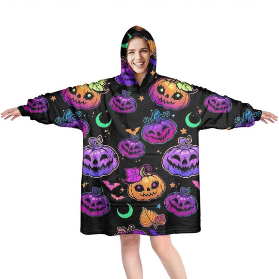 Wearable Oversized Blanket,Neon Halloween Pumpkin Pattern Wearable Blanket Hoodie for Adults,Cozy Hooded Blankets with Super Pockets,Super Warm Fuzzy Pullover for Women & Men