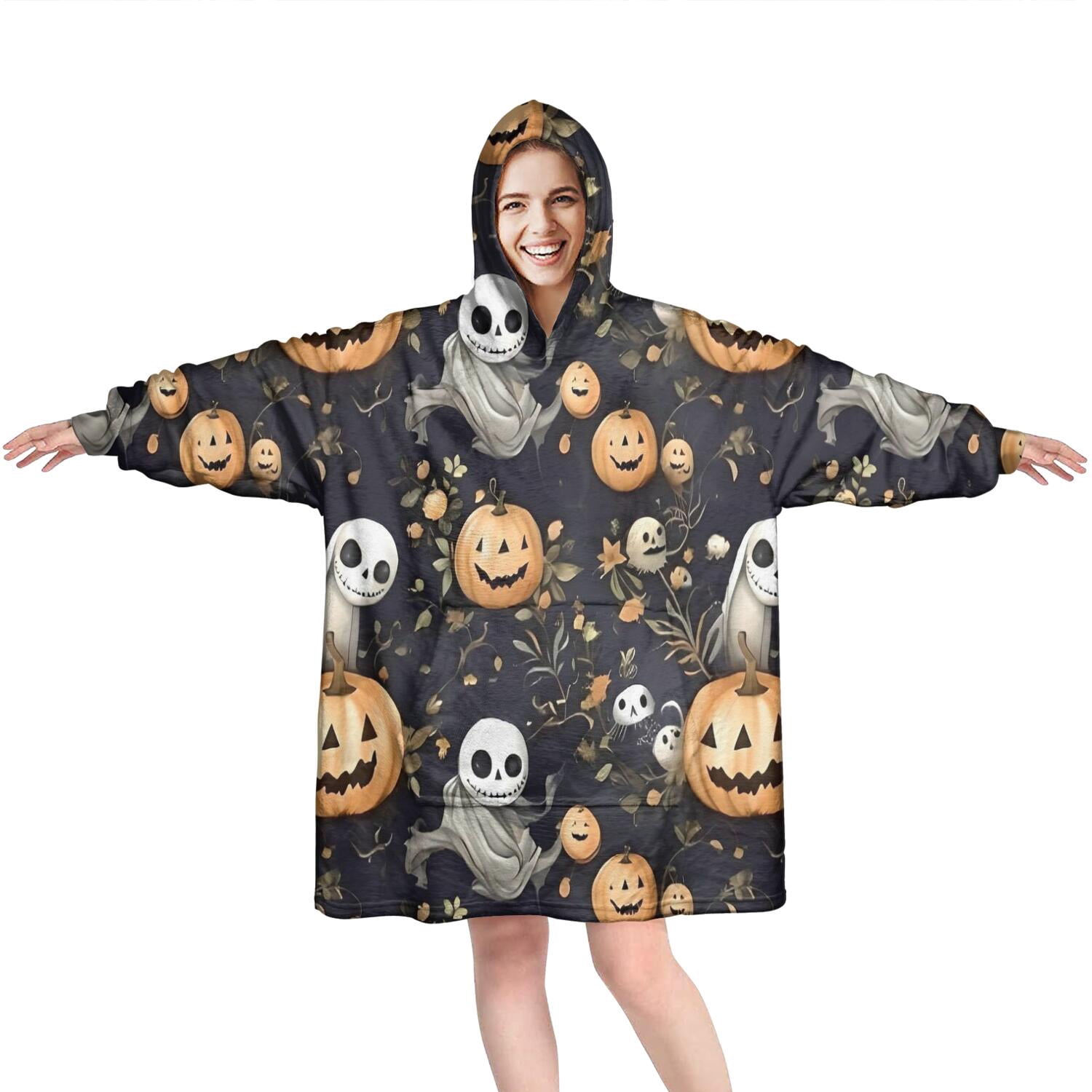 Wearable Oversized Blanket,Nightmare Before Christmas Halloween Pattern Wearable Blanket Hoodie for Adults,Cozy Hooded Blankets with Super Pockets,Super Warm Fuzzy Pullover for Women & Men