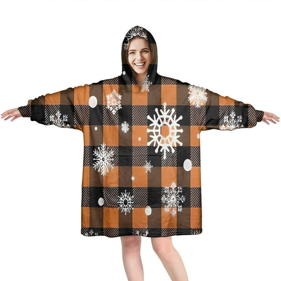 Wearable Oversized Blanket,Orange and Black Plaid Christmas Snowflake Pattern Wearable Blanket Hoodie for Adults,Cozy Hooded Blankets with Super Pockets,Super Warm Fuzzy Pullover for Women & Men