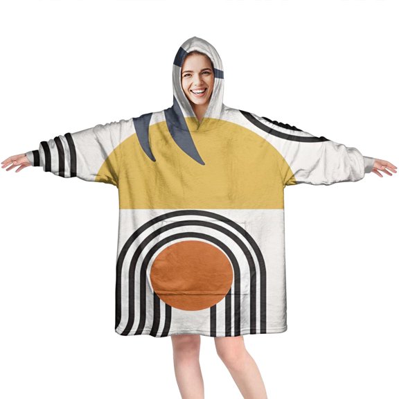 Wearable Oversized Blanket,Orange Boho Geometric and Plant Pattern Wearable Blanket Hoodie for Adults,Cozy Hooded Blankets with Super Pockets,Super Warm Fuzzy Pullover for Women & Men