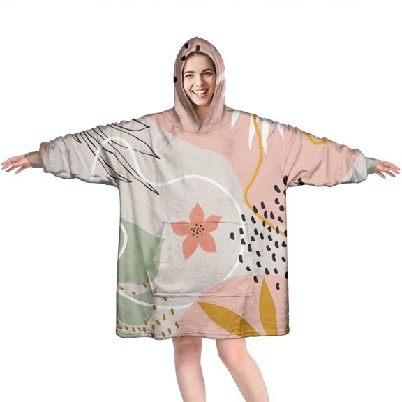 Wearable Oversized Blanket,Orange Boho Plant Pattern Wearable Blanket Hoodie for Adults,Cozy Hooded Blankets with Super Pockets,Super Warm Fuzzy Pullover for Women & Men