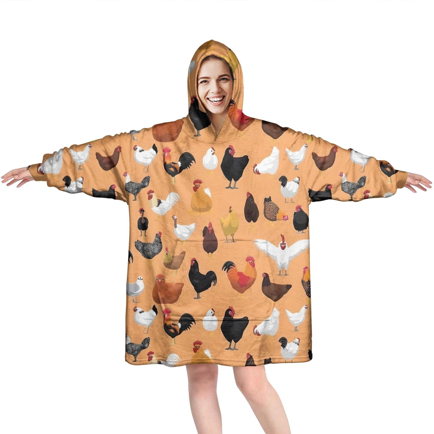 Wearable Oversized Blanket,Orange Chicken Breed Pattern Wearable Blanket Hoodie for Adults,Cozy Hooded Blankets with Super Pockets,Super Warm Fuzzy Pullover for Women & Men