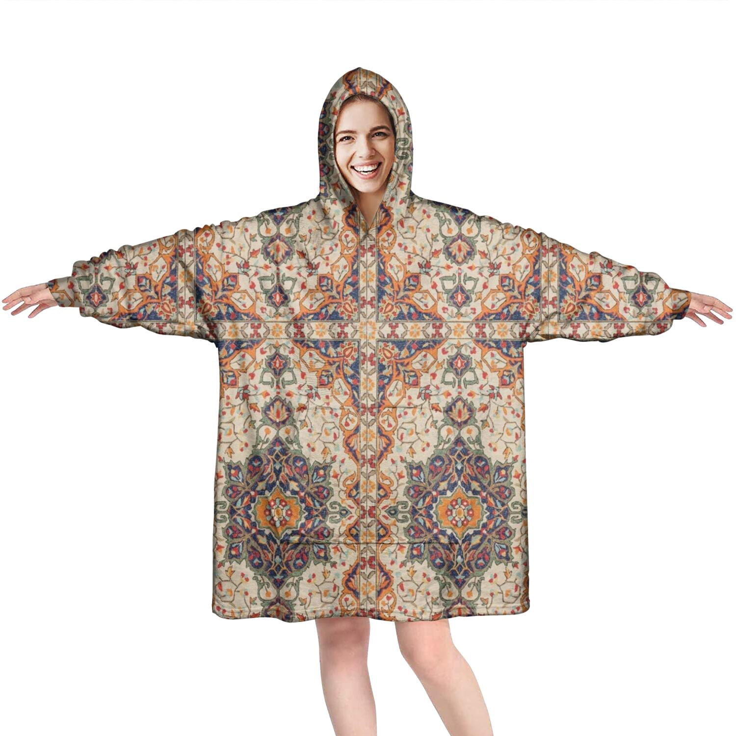 Wearable Oversized Blanket,Orange Ethnic Geometric Pattern Wearable Blanket Hoodie for Adults,Cozy Hooded Blankets with Super Pockets,Super Warm Fuzzy Pullover for Women & Men