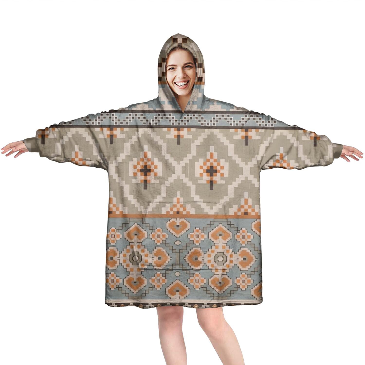 Wearable Oversized Blanket,Orange Geometric Diamond Cross Pattern Wearable Blanket Hoodie for Adults,Cozy Hooded Blankets with Super Pockets,Super Warm Fuzzy Pullover for Women & Men